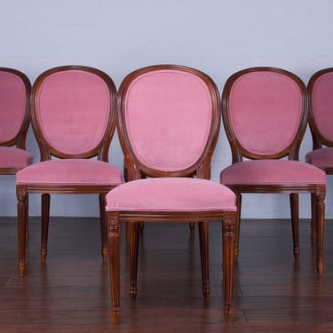 French Louis XVI Style Tiger Maple Dining Chairs W/ Mauve Velvet - Set of 6 