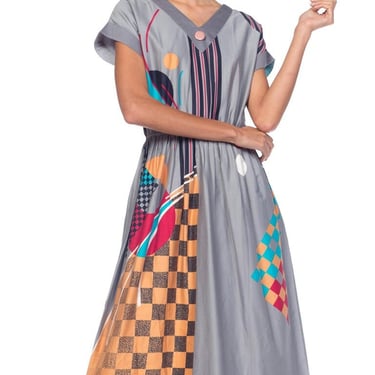 1980S Cotton Sateen Bauhaus Geometric Print Dress From Japan, Deadstock 