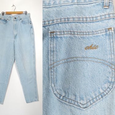 Vintage 90s Chic High Waisted Lightwash Tapered Leg Mom Jeans Made In USA Size 30x31 14 Tall 