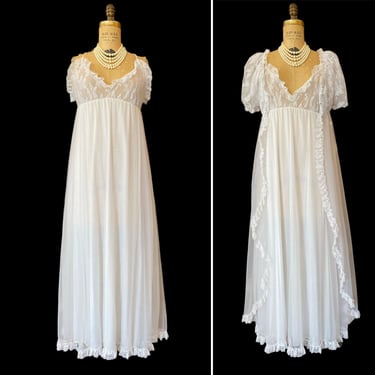 1970s peignoir set, vintage lingerie, delicates, small, white chiffon and lace, puff sleeves, honeymoon, wedding set, 1950s style 