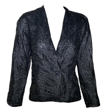 Halston 70s Black Feather Motif Densely Beaded Jacket