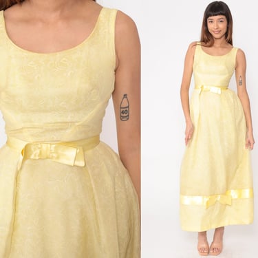 Yellow Lace Gown 60s Chiffon Party Dress Bow Maxi Pastel Cocktail High Waisted Sleeveless Formal Prom Sixties Vintage 1960s Extra Small xs 