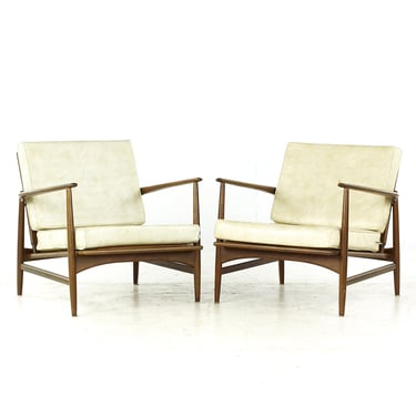 Kofod Larsen for Selig Mid Century Walnut Lounge Chairs - Pair - mcm 