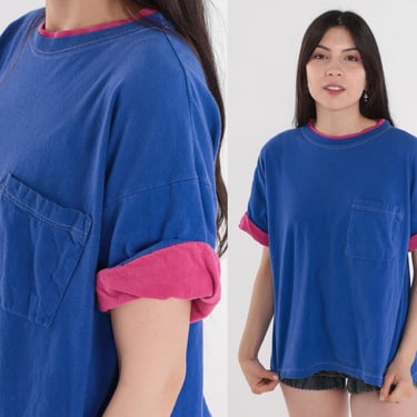Indigo Blue Pocket Tee 90s T-Shirt Hot Pink Cuffed TShirt Ringer Tee Solid Color TShirt Plain Cotton Shirt Vintage 1990s Oversized Medium 