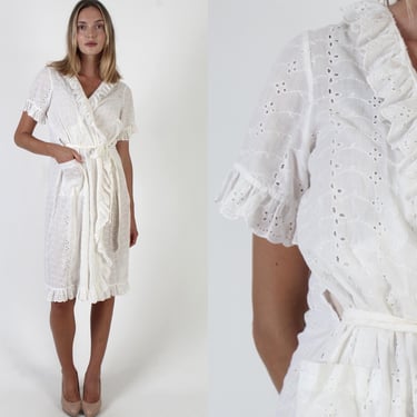 All White Embroidered Eyelet Dress, Vintage Plain Wrap Midi, See Through Ruffle Trim, Womens Sundress with Pockets 