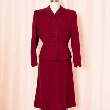 AS-IS *** Vintage 1940s 40s Wool Gabardine Burgundy Red Blazer Jacket Skirt Suit Two Piece Matching Set (medium) 