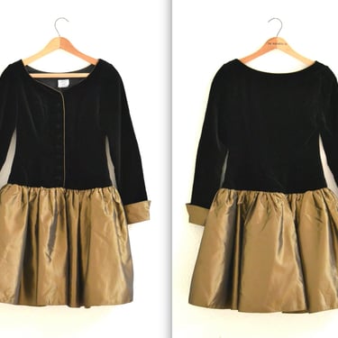 Vintage 80s Prom Dress Black and Gold Metallic XS Small// 80s 90s does 50s Party Dress// Black Velvet Gold Crinoline Dress Laura Ashley 