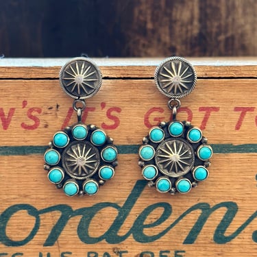 RUNNING BEAR Navajo Sterling Silver and Turquoise Flower Concho Earrings | Signed RB Handcrafted Native American Southwestern Jewelry 