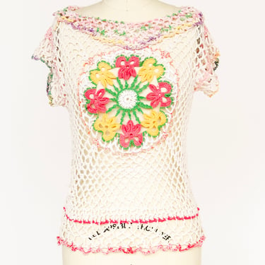 1970s Crochet Blouse Semi Sheer Cotton Top S/M 