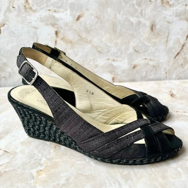 Espadrilles Wedge Sandals, Peep Toes, Linen Look Strappy Shoes, Rope Wedge, Italy, Vintage 