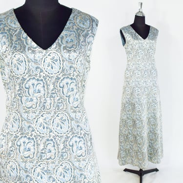 1960s Metallic Blue Evening Dress | 60s Blue Brocade Evening Dress | Pale Blue Maxi Dress | Medium 