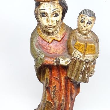 Antique 1800's Mother Mary Holding Baby Jesus Santos, Hand Carved Hand Painted Our Lady Saint Statue, Religious  Mexican Church Folk Art 