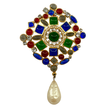 Butler & Wilson 1990’s Poured Glass Jewel Tone Brooch with Pearl Drop