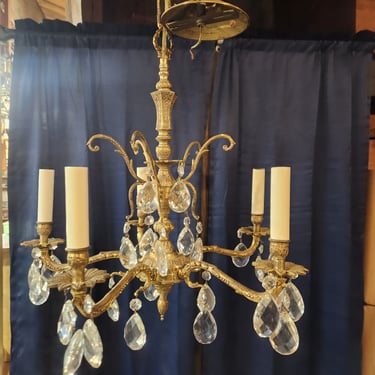 Vintage 5 Arm Brass Chandelier with Crystals 17" x 19"