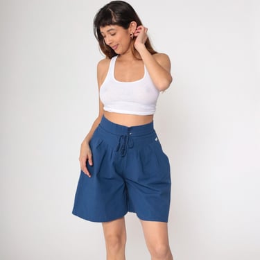 Vintage Navy Blue Pleated Shorts 80s Baggy High Waisted Drawstring Shorts Preppy 1980s Elastic Waist Summer Bottoms Trouser Gitano Small 