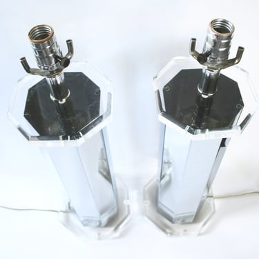 Vintage chrome and Lucite three-way lamps, a pair | 1970s chic mirrored lamps | living room table lamps | bedside table lights | nightstand 