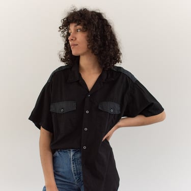 Vintage Black and Forest Green Short Sleeve Shirt | Contrast Thread Simple Cotton Work Blouse | XS S M L XL | 