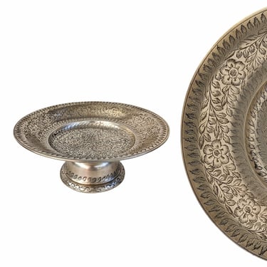 Vintage Engraved Brass Bowl, Ornate Botanical Design, Footed Catch All Dish 