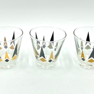 Anchor Hocking "Golden Peaks" Mid Century Shot Glasses, Set of 3, Gold, Black Arrow, Diamond, Vintage Glassware, MCM Shot Glass, Barware 