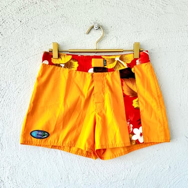 Vintage 90s Hawaiian Bright Shorts 1990s Surf Swim Shorts Hawaii Yellow Orange Striped Bottoms 