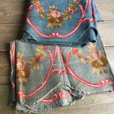 French Printed Indigo Linen Fabric, Floral Design, Homespun Linen, Historical French Textiles 