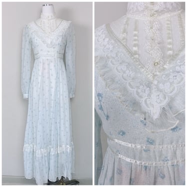 1970s Vintage Gunne Sax By Jessica Blue Cotton Voile Maxi Gown / 70s Ruffled Calico Floral Ribbon Trim Prairie Dress / Small 