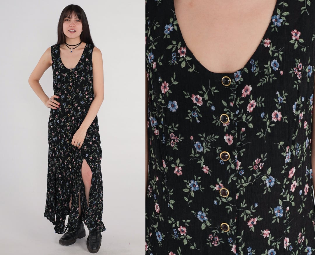 Black Floral Dress Maxi 90s High Slit Dress Boho Button