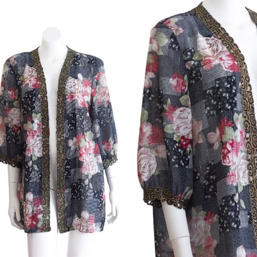 Semi sheer loose open front blouse with floral print 