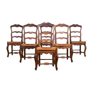 Antique Country French Provincial Louis XV Ladder Back Walnut Dining Chairs - Set of 6 