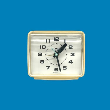 Vintage Clock Retro 1970s Timex + Mid Century Modern + Alarm Clock + Square Shape + Yellow Beige + Time + Tabletop + Home Decor 