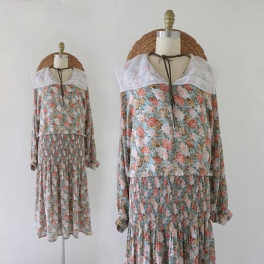 drop waist chiffon dress - xl - vintage 90s y2k womens floral cottage cottagecore cute spring summer long sleeve collar long dress 