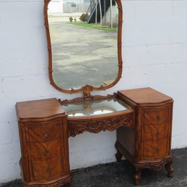 French Early 1900s Carved Vanity Makeup Dressing Table with Mirror 3776