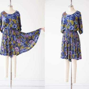 blue cotton romper | 80s 90s plus size vintage navy blue floral floral romantic cottagecore pleated wide leg romper dress 