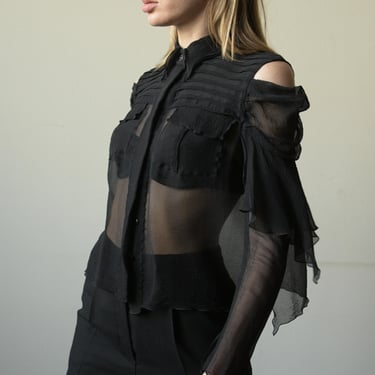 8010t / chanel black silk chiffon open shoulder blouse 