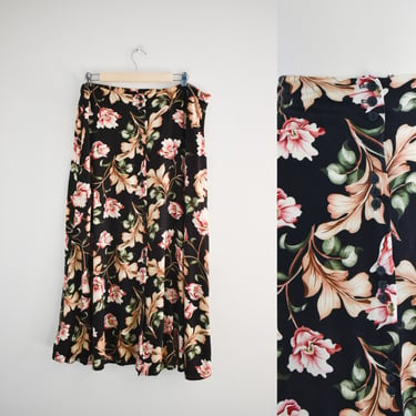 1980s/90s Black Floral Midi Skirt 