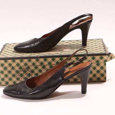 1970s Black Leather Slingback High Heel Shoes by Amalji -Size 9 