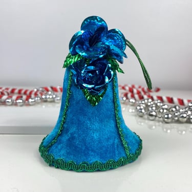 Vintage Large Paper Mache Christmas Bell, Blue Green Christmas Bell, Velvet Chenille Bell, Green Ribbon Blue Foil Flower, Handmade Christmas 