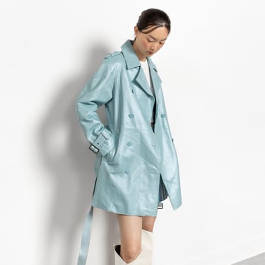 BLUE Shimmery Irridescent LEATHER JACKET Women Vintage Trench Coat 90's / Medium 