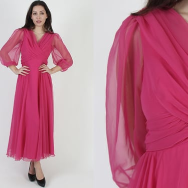 Miss Elliette Magenta Chiffon Wrap Dress, Designer Vintage 70s Party Outfit 