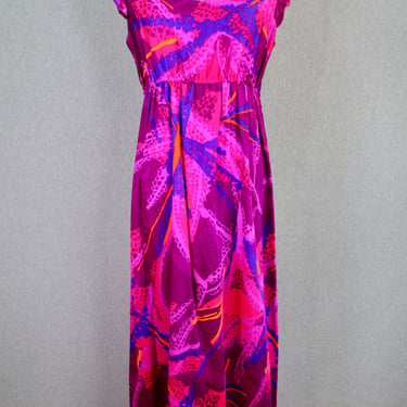 1960s 1970s Hawaiian Maxi by Hukilau Fashion - Purple, Pink - Tiki Dress - Tropical, Beach, Vacation Dress, Resort Wear, Summer Dress 