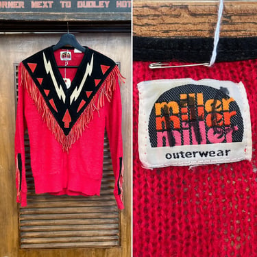 Vintage 1980’s “Miller” Western Cowboy Southwest Fringe Suede Knit Sweater, 80’s Vintage Clothing 