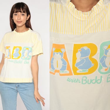 Teddy Bear Shirt 90s ABC Striped Mockneck T-Shirt Buddy Bear Graphic Tee Short Sleeve Top Cute Light Yellow White Vintage 1990s Medium M 