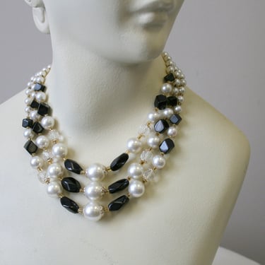 1960s Faux Pearl and Black Bead Triple Strand Necklace 