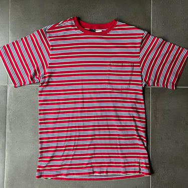 90s Lands End Striped Pocket Tee All Cotton Size M 