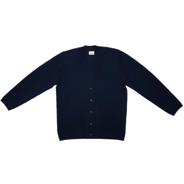 Silvonen Precision Linked Worsted Wool Rib Knit V-Neck Cardigan - Navy