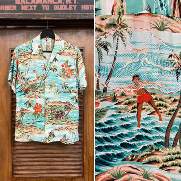 Vintage 1950’s “Penney’s” Label Net Fisherman Rayon Hawaiian Shirt, 50’s Loop Collar Shirt, Vintage Clothing 