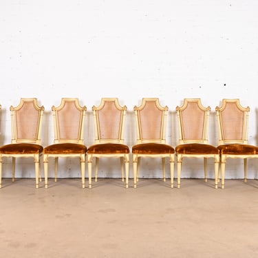 Karges French Regency Louis XVI Cream Painted and Gold Gilt Cane Back Dining Chairs, Set of Eight