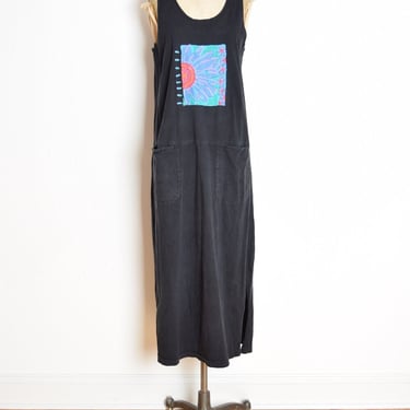 vintage 90s dress FRESH PRODUCE black floral print knit maxi sun dress grunge M 