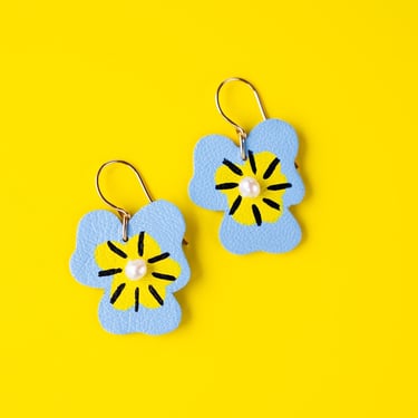 Sky Blue Pansy Leather Earrings with Yellow Centers and Freshwater Pearls 