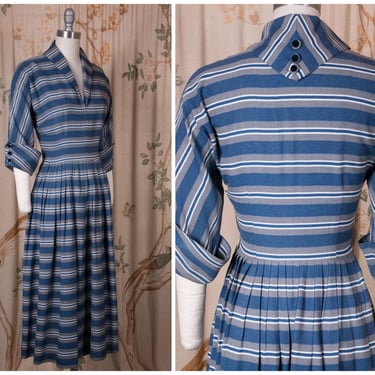 1950s Dress  - Smart Vintage 50s Extremely Sturdy Striped Gabardine Day Dress with Huge Cuffs and Button Accents 